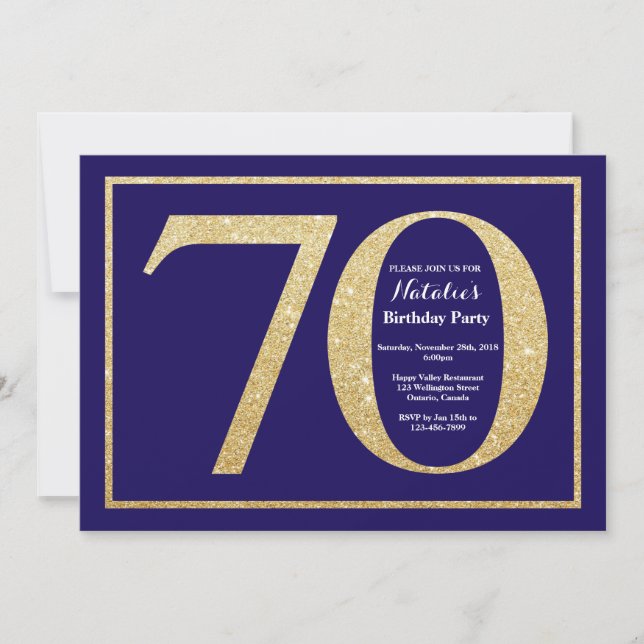 70th Birthday Navy Blue and Gold Glitter Invitation (Front)