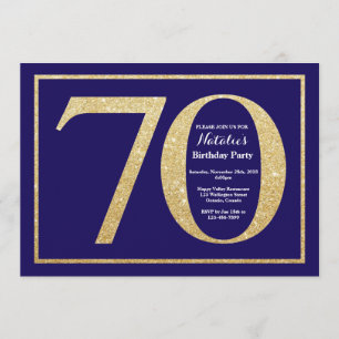 70th Birthday Navy Blue and Gold Glitter Invitation
