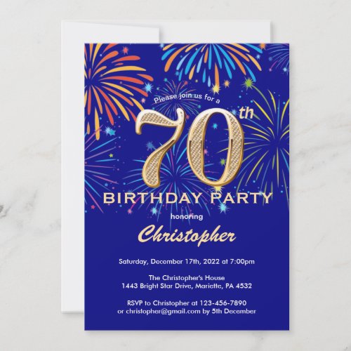 70th Birthday Navy Blue and Gold Rainbow Fireworks Invitation