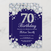 70th Birthday Navy Blue and Silver Diamond Invitation (Front/Back)