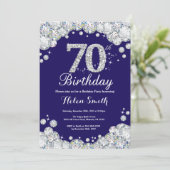 70th Birthday Navy Blue and Silver Diamond Invitation (Standing Front)