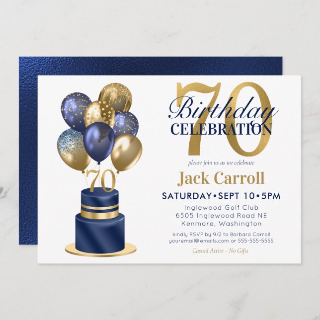 70th Birthday Navy Blue Balloon Cake Invitation (Front/Back)