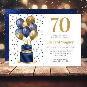 70th Birthday Navy Blue Balloon Cake Invitation
