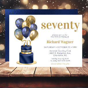 70th Birthday Navy Blue Balloon Cake Invitation