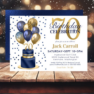 70th Birthday Navy Blue Balloon Cake Invitation