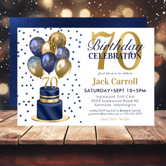 70th Birthday Navy Blue Balloon Cake Invitation