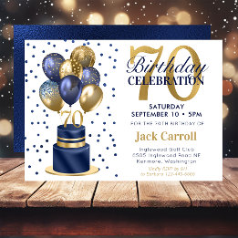 70th Birthday Navy Blue Balloon Cake Invitation