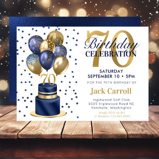 70th Birthday Navy Blue Balloon Cake Invitation