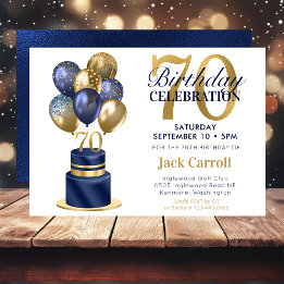 70th Birthday Navy Blue Balloon Cake Invitation