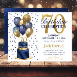 70th Birthday Navy Blue Balloon Cake Invitation<br><div class="desc">This fabulous men's 70th birthday navy blue cake surprise party invitation featuring a 2-layer navy blue and gold cake with navy blue and gold balloons and the number 70 in gold would be perfect for celebrating your husband, brother, dad, friend, uncle, grandfather, great grandfather. It is traditional and classic while...</div>