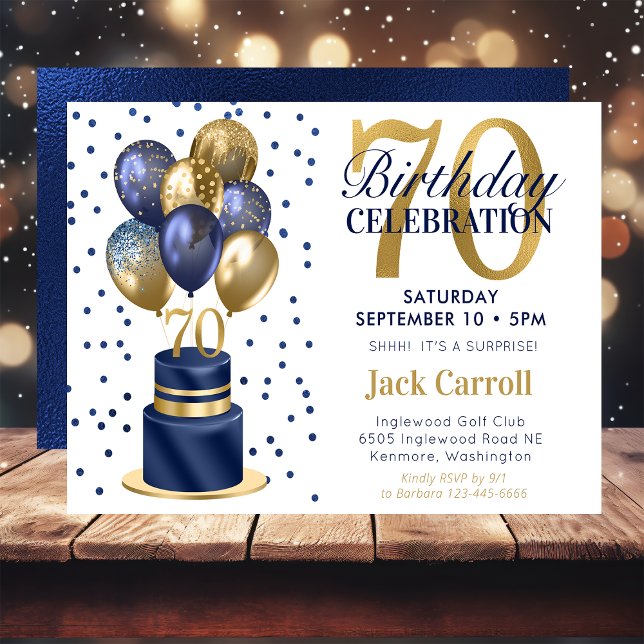 70th Birthday Navy Blue Balloon Cake Invitation (Creator Uploaded)