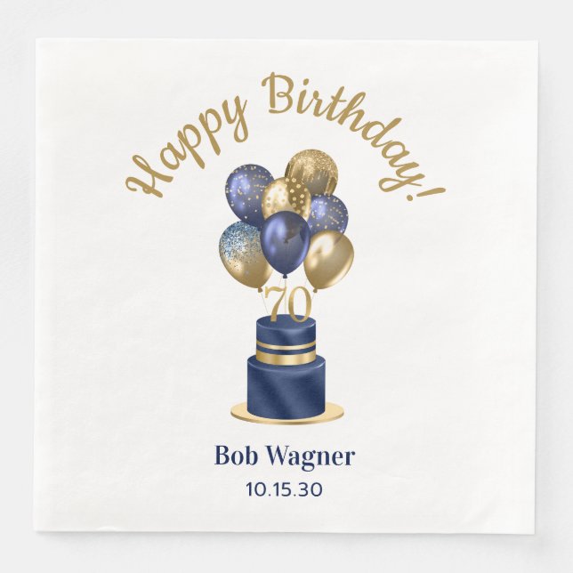 70th Birthday Navy Blue Balloon Cake Paper Dinner Napkins (Front)