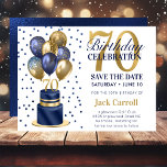 70th Birthday Navy Blue Balloon Cake Save The Date<br><div class="desc">This fabulous men's 70th birthday party Save the Date card featuring a 2-layer navy blue and gold cake with navy blue and gold balloons, the number 70 in gold and shiny blue confetti would be perfect for asking people to put this special date aside for the upcoming 70th Birthday Party....</div>