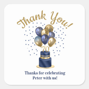 70th Birthday Navy Blue Balloon Cake Thank You Square Sticker