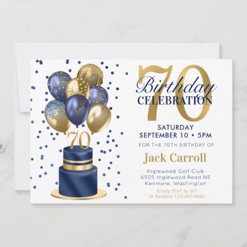 70th Birthday Navy Blue Cake Invitation