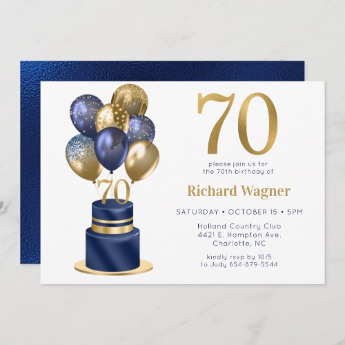 70th Birthday Navy Blue Cake Invitation