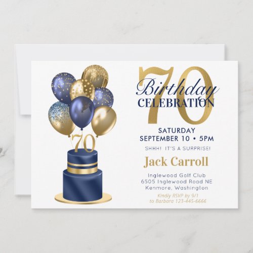 70th Birthday Navy Blue Cake Invitation