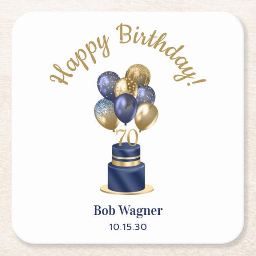 70th Birthday Navy Blue Cake Square Paper Coaster