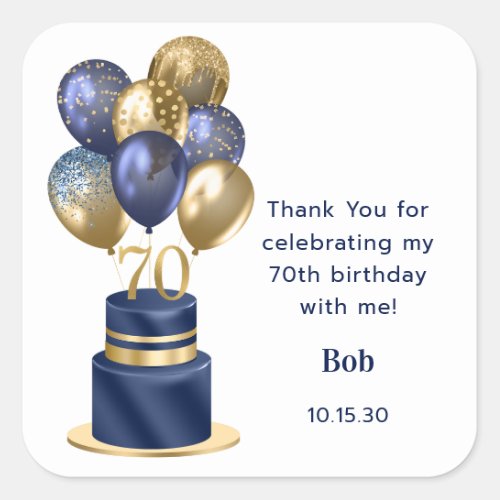 70th Birthday Navy Blue Cake Thank You Square Sticker