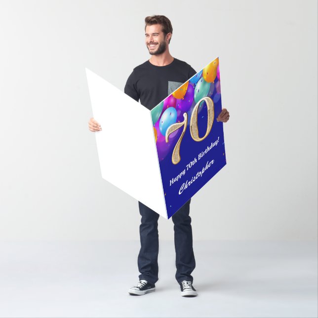 70th Birthday Navy Blue Gold Balloon Extra Large Card (In Situ)