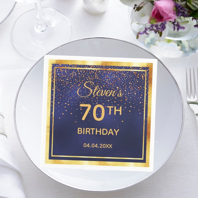 70th birthday navy  blue gold monogram men guys napkins (Creator Uploaded)