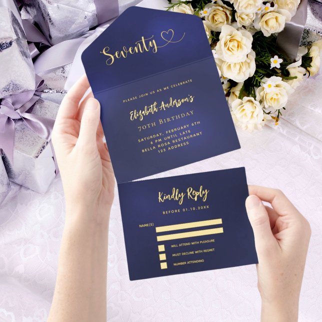70th Birthday navy blue gold rsvp All In One Invitation (Creator Uploaded)