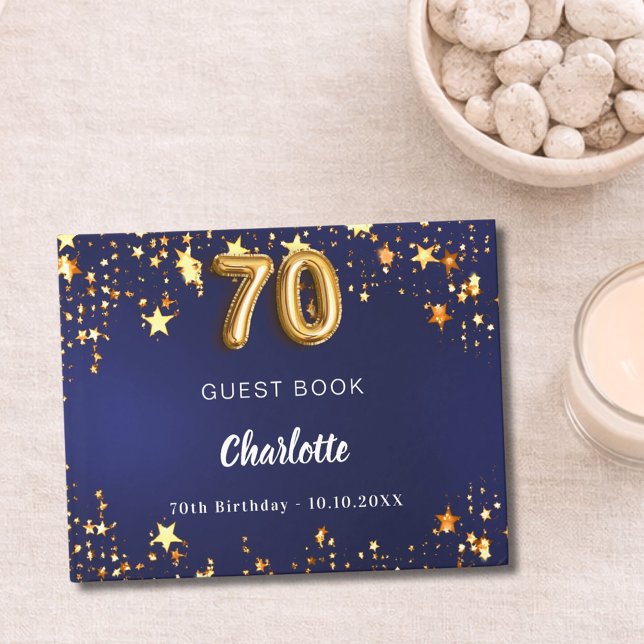 70th Birthday navy blue gold stars Guest Book (Creator Uploaded)