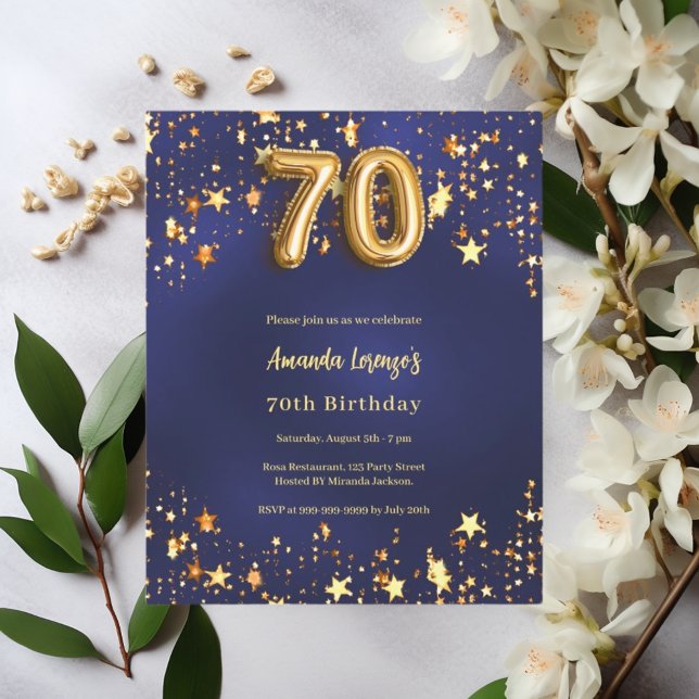 70th birthday navy blue gold stars invitation (Creator Uploaded)