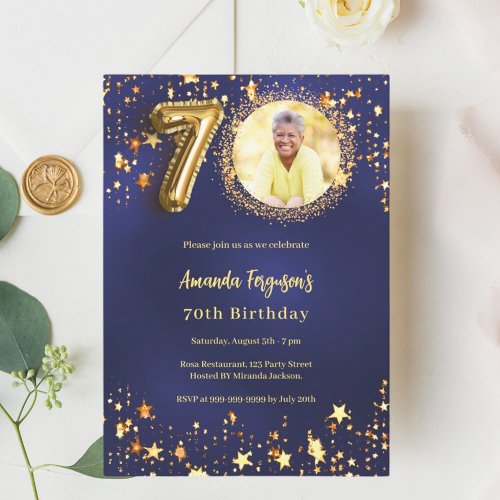 70th birthday navy blue gold stars photo invitation