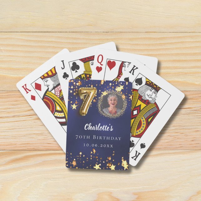 70th birthday navy blue gold stars photo poker cards (Creator Uploaded)
