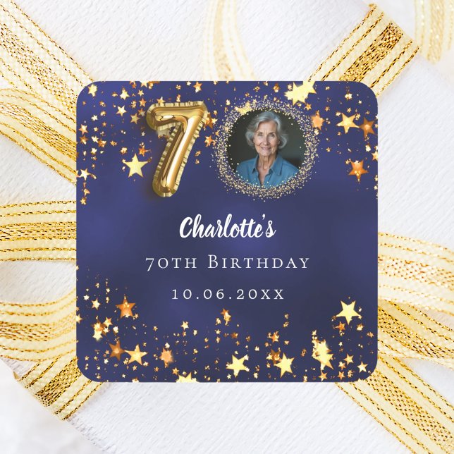 70th birthday navy blue gold stars photo square sticker (Creator Uploaded)