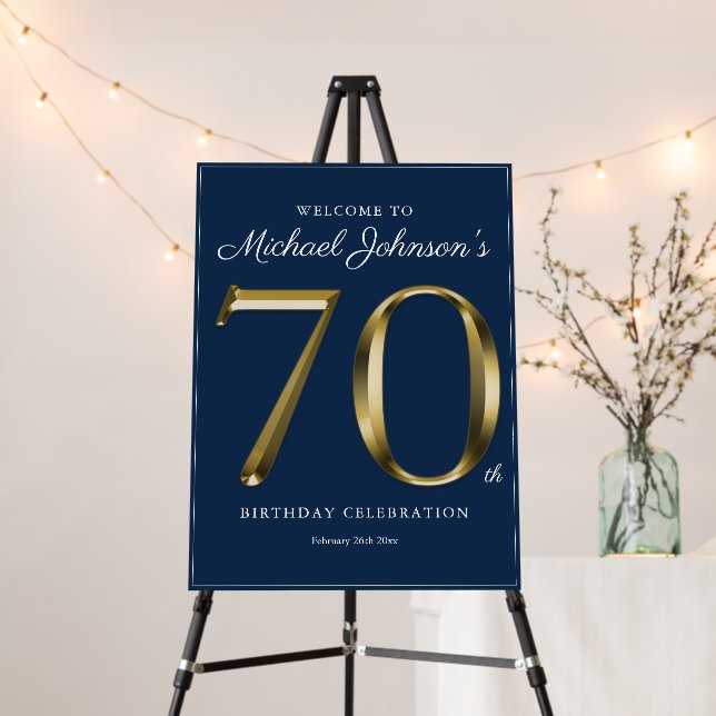 70th Birthday Navy Blue Gold Text Welcome Sign (In Situ (Stand))
