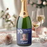 70th Birthday navy blue photo Sparkling Wine Label<br><div class="desc">A navy blue background. The blue color is uneven.  Personalize and add a date,  name and a photo.  Age number written with a faux silver looking balloon style font.</div>