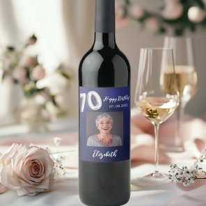 70th Birthday navy blue photo Wine Label