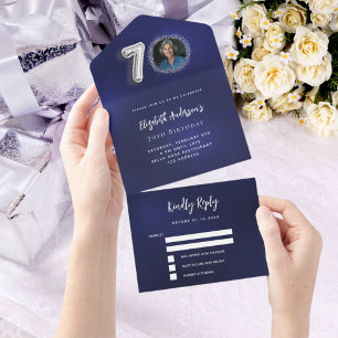 70th Birthday navy blue silver photo rsvp All In One Invitation