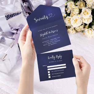 70th Birthday navy blue silver rsvp All In One Invitation