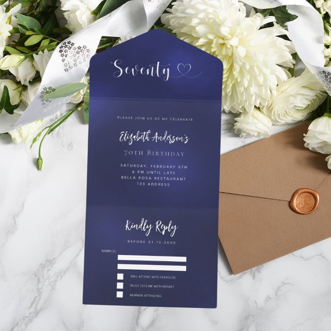 70th Birthday navy blue silver rsvp All In One Invitation (Creator Uploaded)