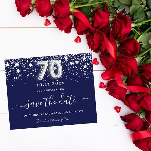 70th birthday navy blue silver save date budget flyer