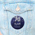 70th birthday navy blue silver stars button<br><div class="desc">For a 70th birthday party. A navy blue background color with faux silver stars. The blue color is uneven.  Add your name,  text.
Can be used as a Save the Date reminder for your guests,  party favor or as a keepsake.</div>