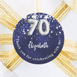 70th birthday navy blue silver stars classic round sticker<br><div class="desc">A sticker for a 70th birthday celebration. A navy blue background color with faux silver stars. The blue color is uneven.  Add your name,  text. Text: Thank you for celebrating with me!</div>