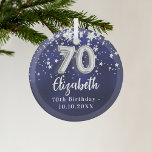 70th birthday navy blue silver stars glass ornament<br><div class="desc">A navy blue background color with faux silver stars. The blue color is uneven.  Add your name,  text/date</div>