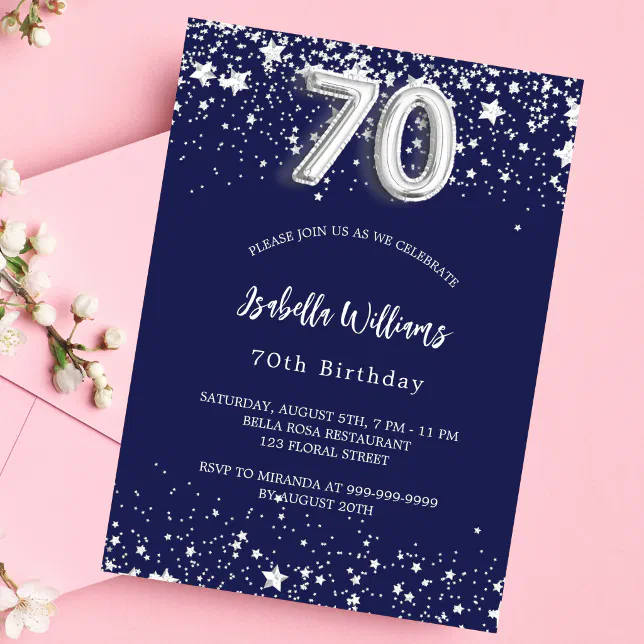 70th birthday navy blue silver stars invitation | Zazzle