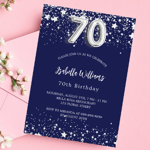 70th birthday navy blue silver stars invitation postcard