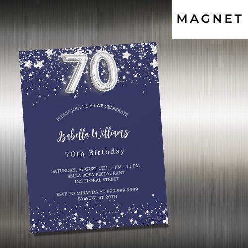 70th birthday navy blue silver stars luxury magnetic invitation