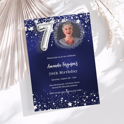 70th birthday navy blue silver stars photo invitation