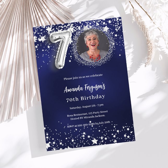70th birthday navy blue silver stars photo luxury invitation (Creator Uploaded)