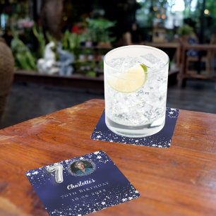 70th birthday navy blue silver stars photo square paper coaster