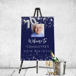 70th birthday navy blue silver stars photo welcome foam board<br><div class="desc">A welcome board for a feminine and glamorous 70th birthday party.  A navy blue background decorated with stars.  Personalize and add a photo and name.  Number 70 is written with a balloon style font in faux silver.
Back: no design</div>