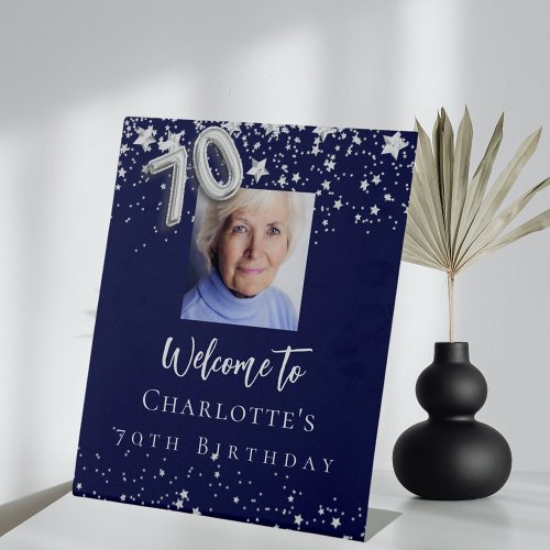 70th birthday navy blue silver stars photo welcome pedestal sign