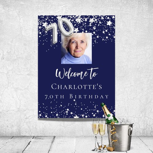 70th birthday navy blue silver stars photo welcome poster
